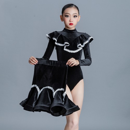 Girls kids black with white lace velvet latin ballroom dance dress modern salsa cha cha dance costumes for children
